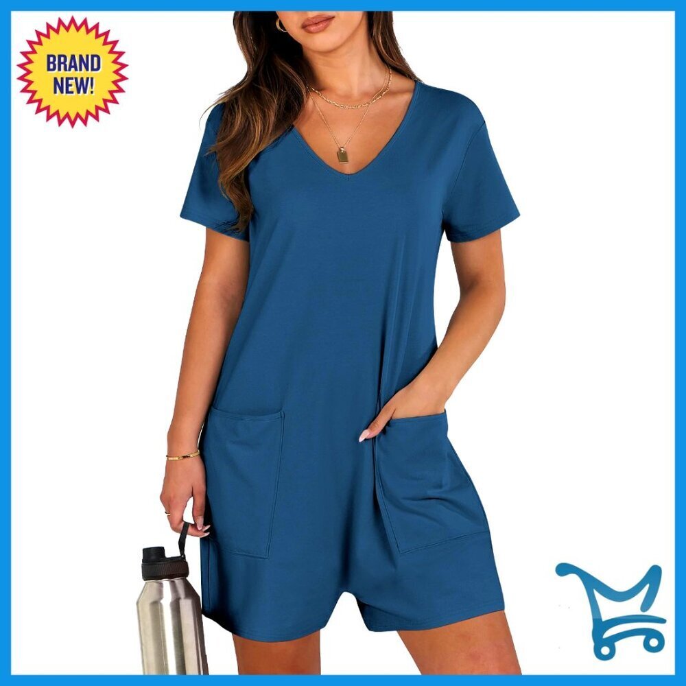 Loose Fit V Neck Romper Casual Summer Jumpsuit with Pockets Short Sleeve - Picture 1 of 7